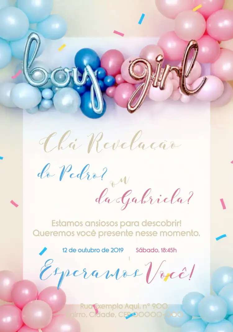 Convite Chá Revelação Menino Ou Menina Baby – tema Chá Revelação moderno, colorido, alegre, divertido, minimalista