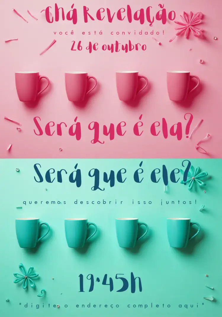 Convite Chá Revelação Menino Ou Menina Bebê – tema Chá Revelação colorido, delicado, moderno, simpático, festivo