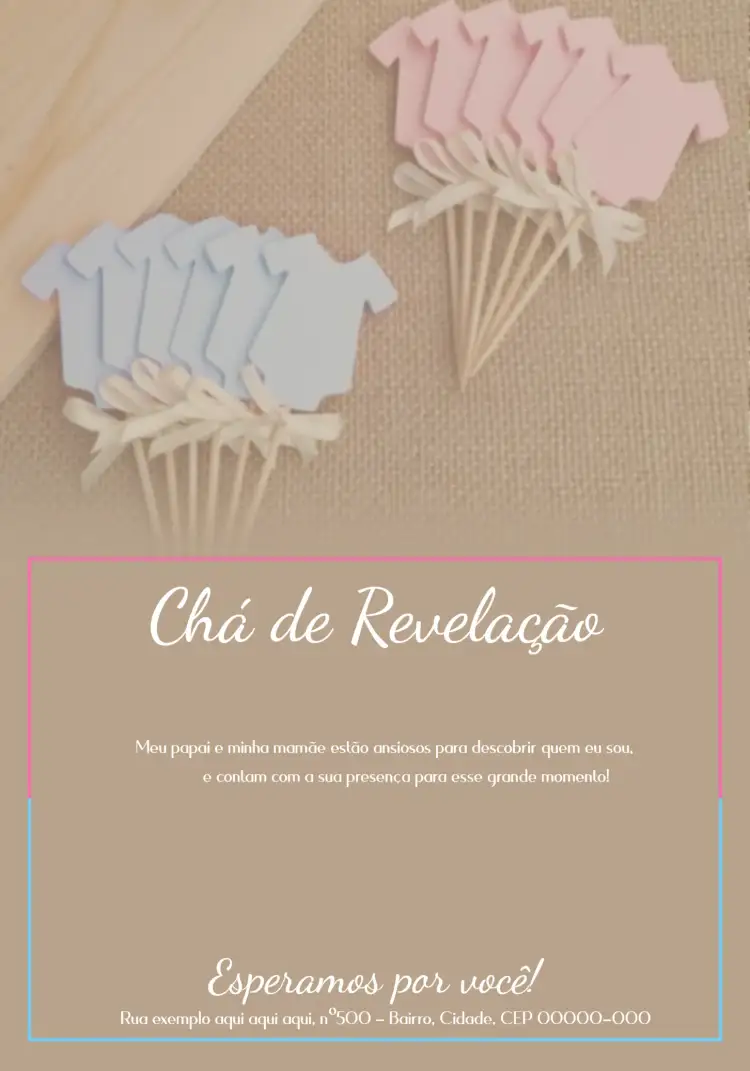 Convite Chá Revelação Menino Ou Menina Bebê – tema Chá Revelação azul e rosa, minimalista, moderno, divertido, colorido, delicado