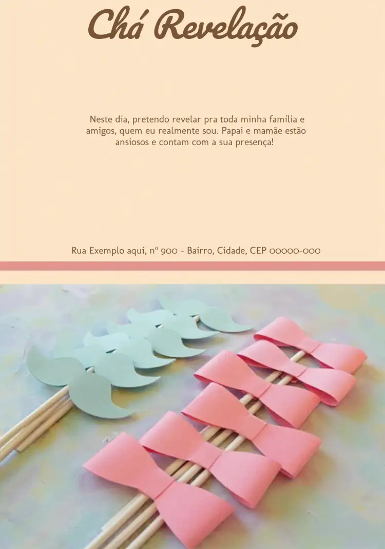 Convite Chá Revelação Menino Ou Menina Bege – tema Chá Revelação minimalista, confortável, delicado, moderno, neutro, festivo
