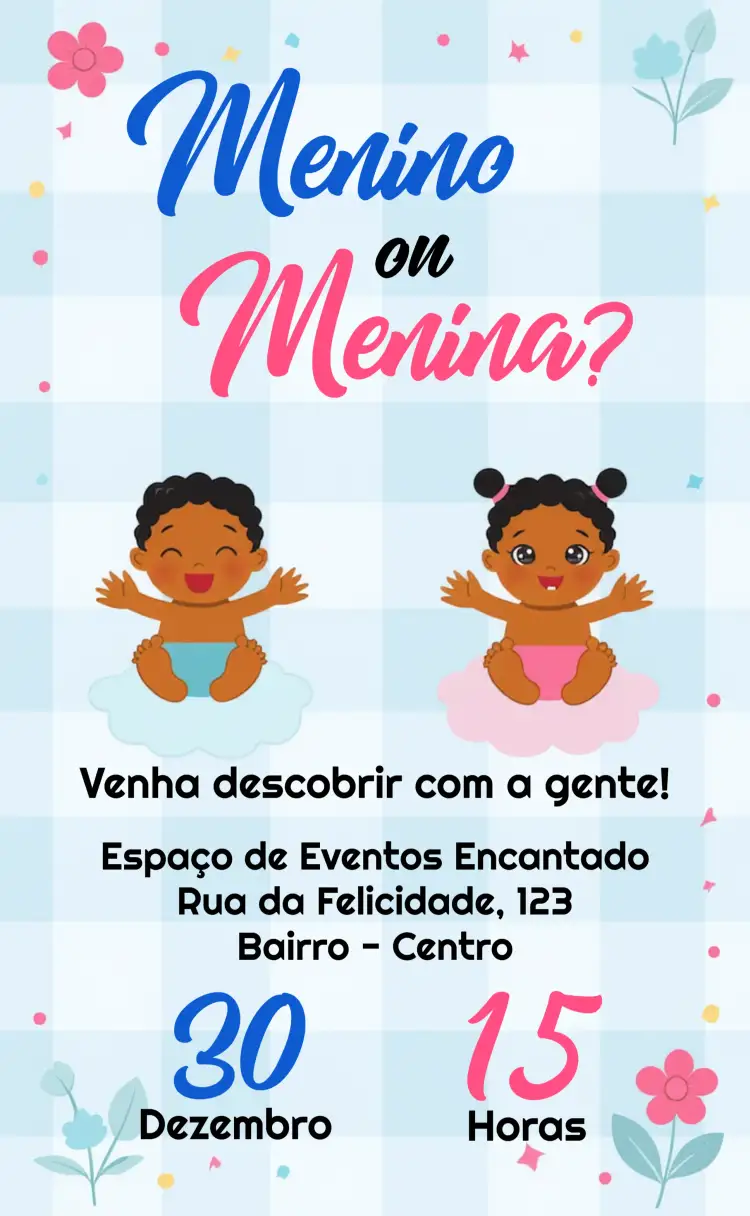 Convite Chá Revelação Menino Ou Menina Black – tema Chá Revelação moderno, elegante, preto e azul, preto e rosa, minimalista, sóbrio