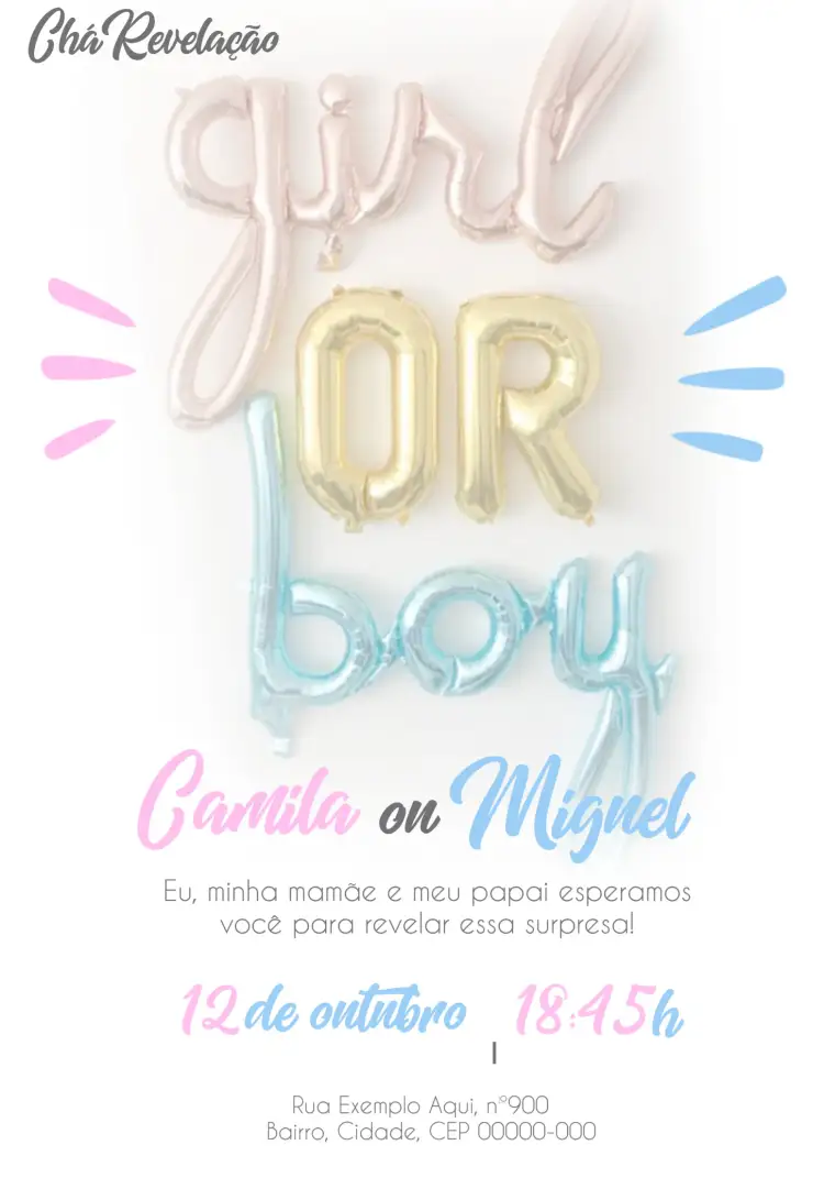 Convite Chá Revelação Menino Ou Menina Blue – tema Chá Revelação minimalista, azul, rosa, moderno, baby shower