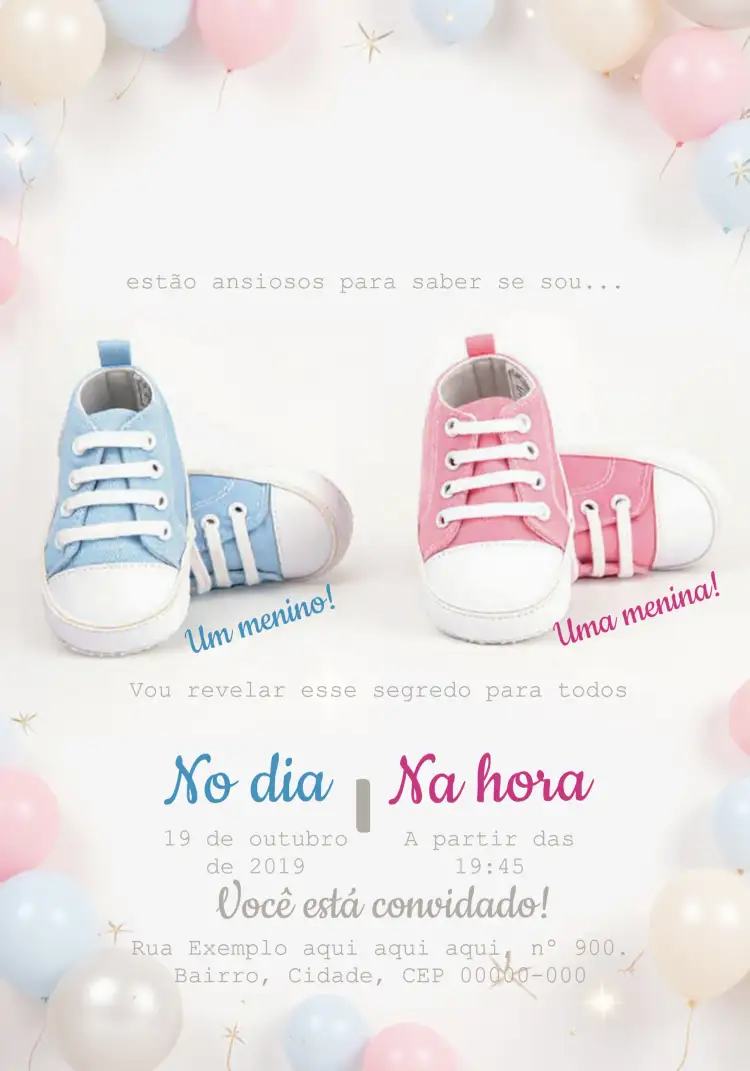 Convite Chá Revelação Menino Ou Menina Branco – tema Chá Revelação branco, minimalista, moderno, divertido, colorido, delicado