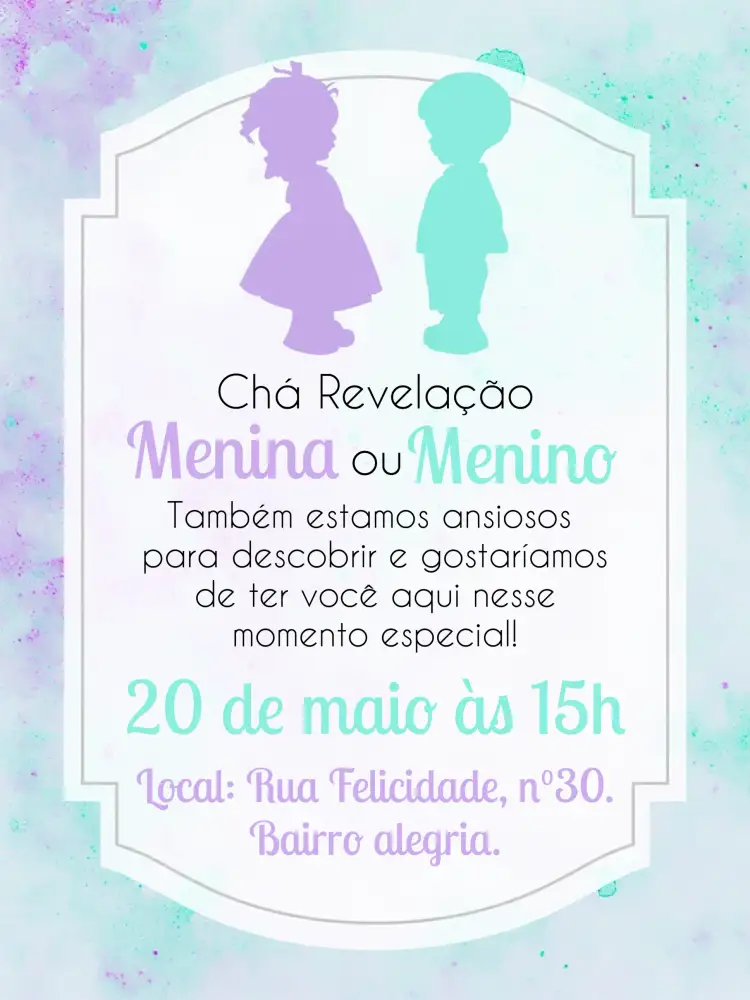 Convite Chá Revelação Menino Ou Menina Cha – tema Chá Revelação verde, lilás, roxo, moderno, divertido, colorido