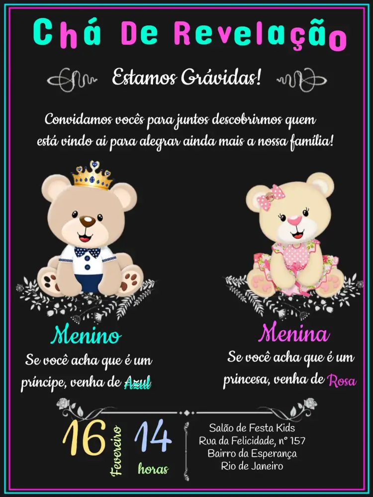 Convite Chá Revelação Menino Ou Menina Chalkboard – tema Chá Revelação chalkboard, ursinho, moderno, colorido, divertido