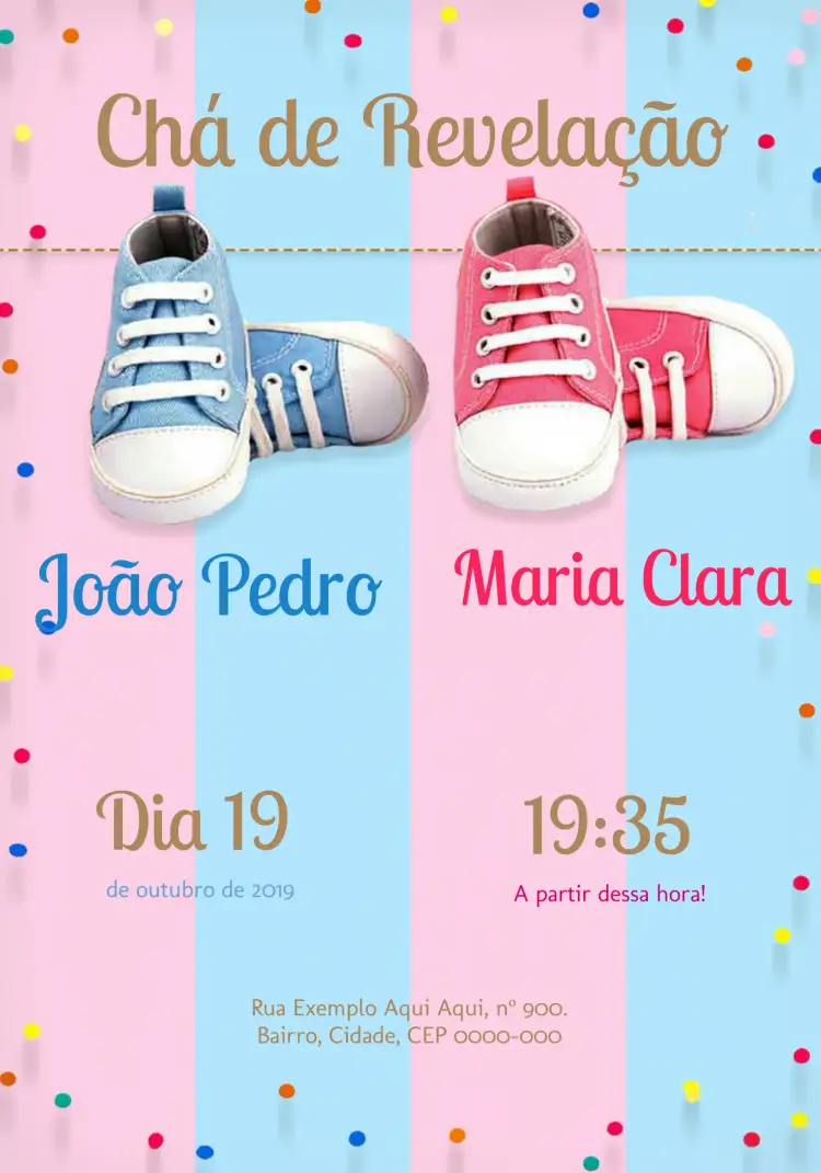 Convite Chá Revelação Menino Ou Menina Comemoração – tema Chá Revelação azul e rosa, design moderno, elementos fofos, minimalista, temática de bebê, cores suaves
