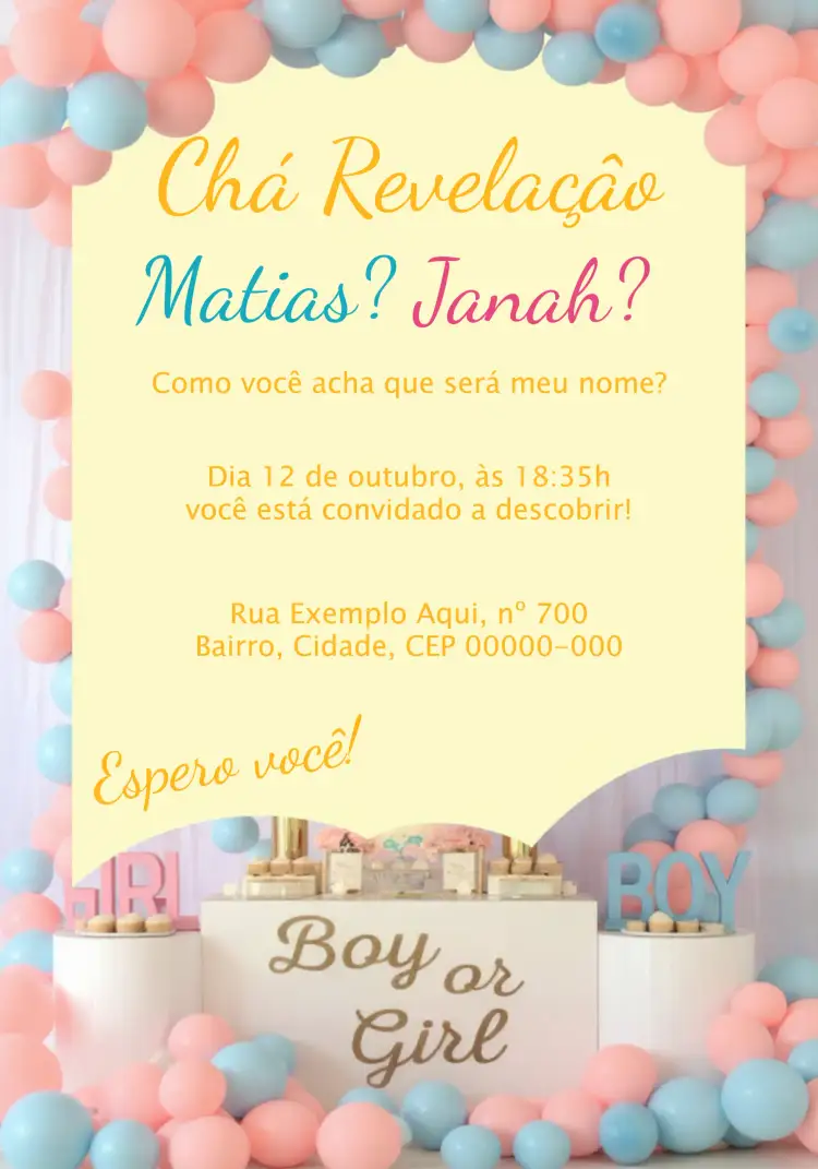 Convite Chá Revelação Menino Ou Menina Comemoração – tema Chá Revelação moderno, colorido, infantil, brincalhão, alegre, minimalista