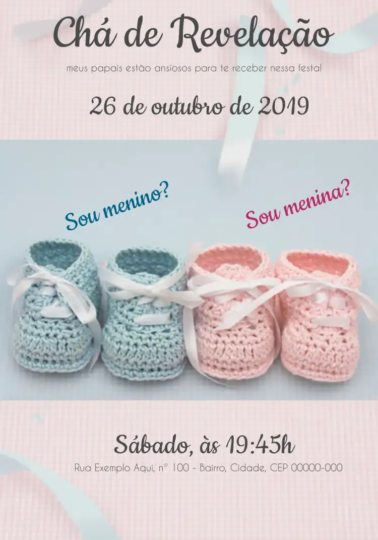 Convite Chá Revelação Menino Ou Menina Delicado – tema Chá Revelação delicado, minimalista, azul e rosa, sapatinhos, moderno