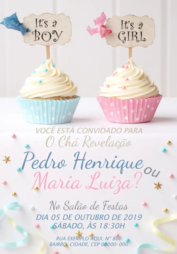 Convite Chá Revelação Cupcakes Azul – tema Mais pesquisados colorido, divertido, lúdico, moderno, doce, festivo
