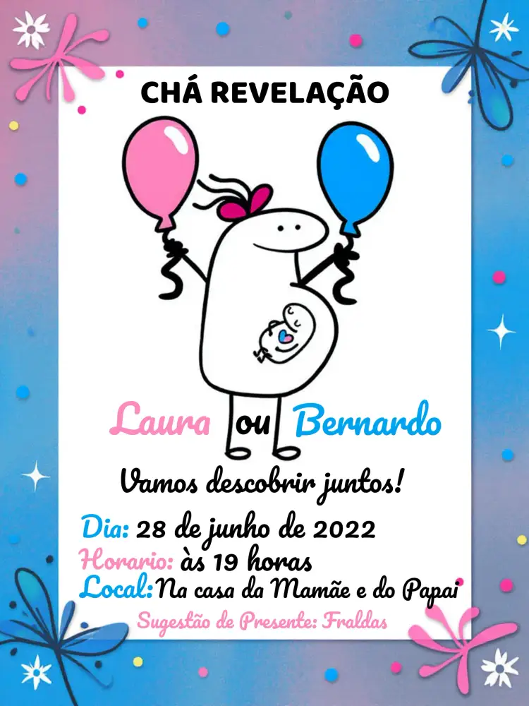 Convite Chá Revelação Menino Ou Menina Meme – tema Chá Revelação moderno, divertido, colorido, minimalista, temático, jovial
