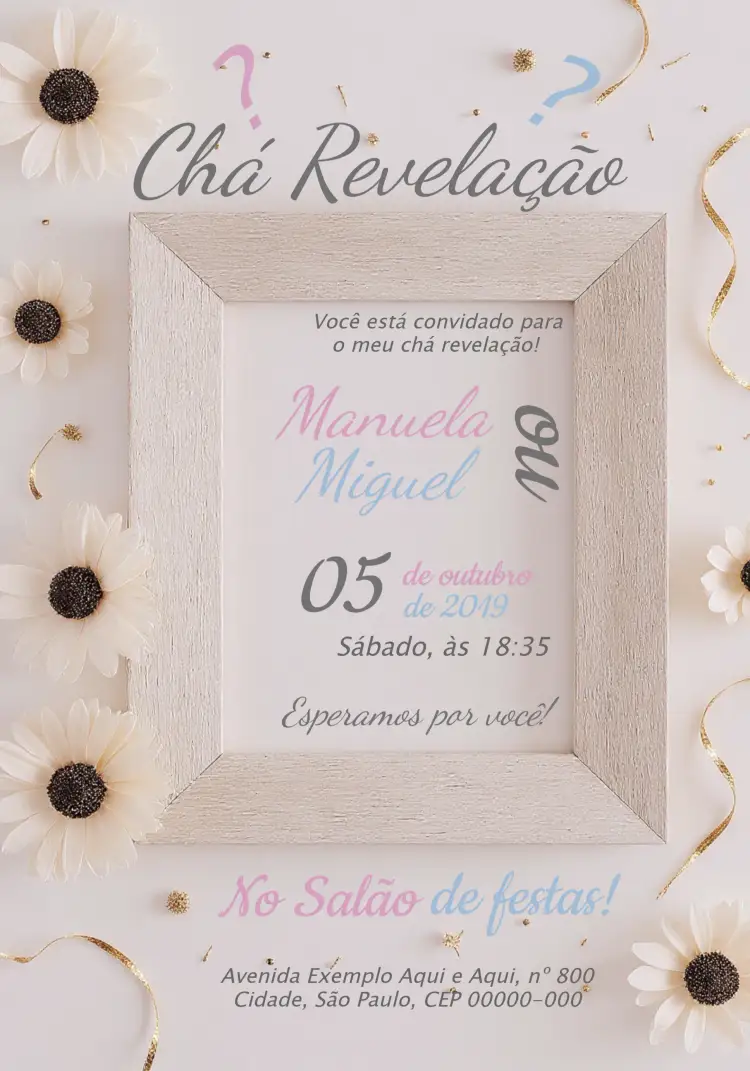 Convite Chá Revelação Menino Ou Menina Simples – tema Chá Revelação minimalista, delicado, fofo, pastel, moderno, colorido