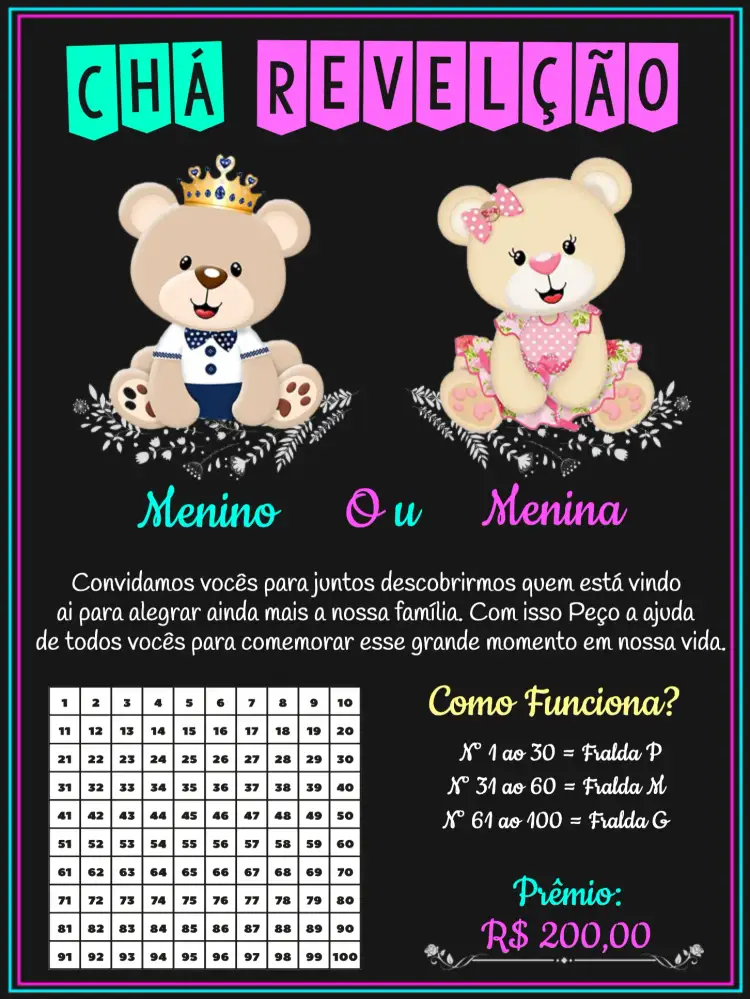 Convite Chá Revelação Menino Ou Menina Ursinho – tema Chá Revelação fofo, colorido, moderno, infantil, brincalhão, animais