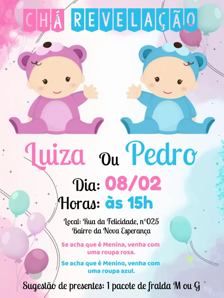 Convite Chá Revelação Menino Ursinho E Menina Ursinha – tema Chá Revelação ursinhos, cores pastel, diversidade de gêneros, ilustrações fofas, design minimalista