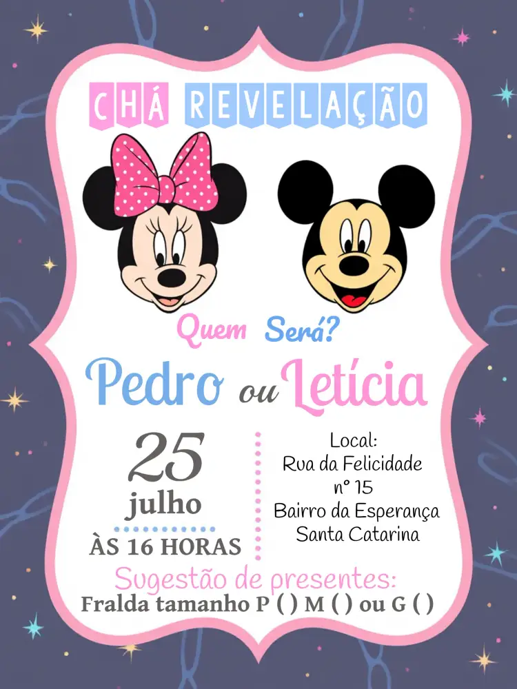 Convite Chá Revelação Mickey E Minnie / – tema Chá Revelação divertido, colorido, infantil, temático, alegre
