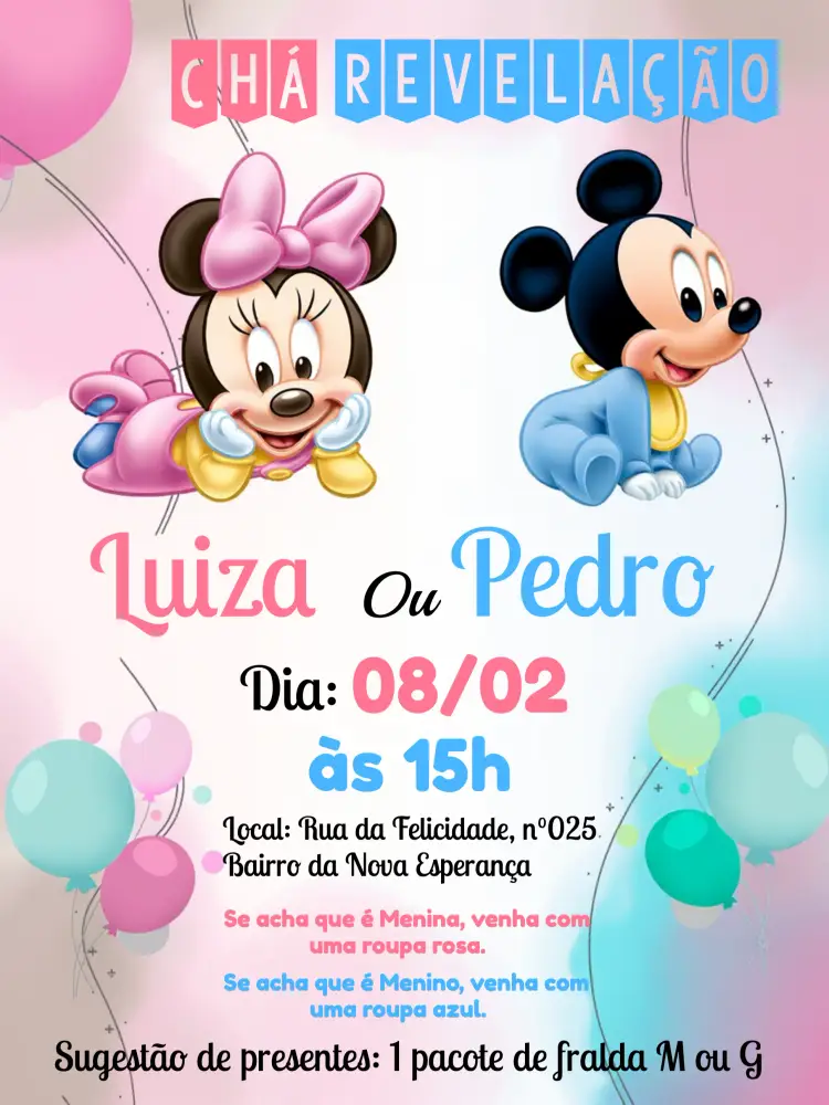 Convite Chá Revelação Mickey E Minnie Mouse Disney