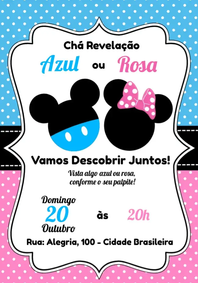 Convite Chá Revelação Mickey E Minnie – tema Chá Revelação Disney, colorido, infantil, lúdico, animais, festa temática