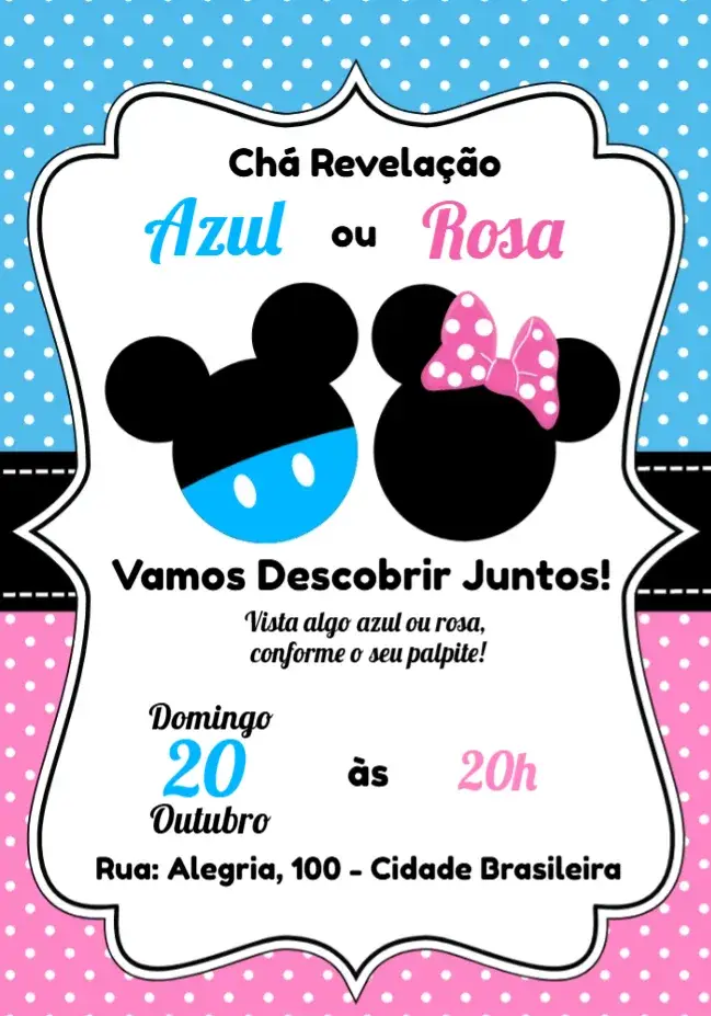 Convite Chá Revelação Mickey E Minnie editável e personalizável