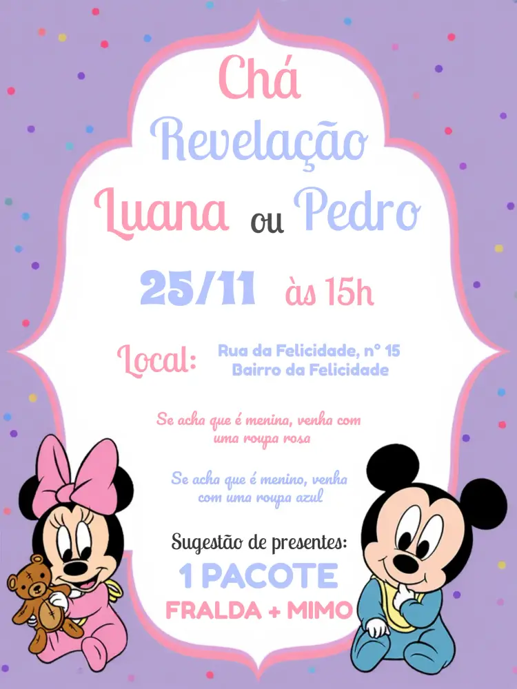 Convite Chá Revelação Mickey E Minnie Rosa