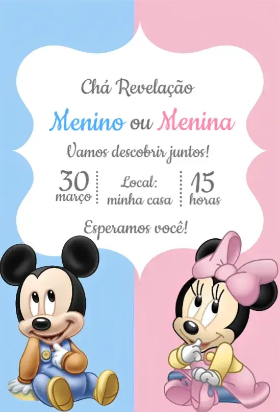 Convite Chá Revelação Minnie e Mickey Baby 2 – tema Chá Revelação colorido, infantil, divertido, temático, lúdico, alegre