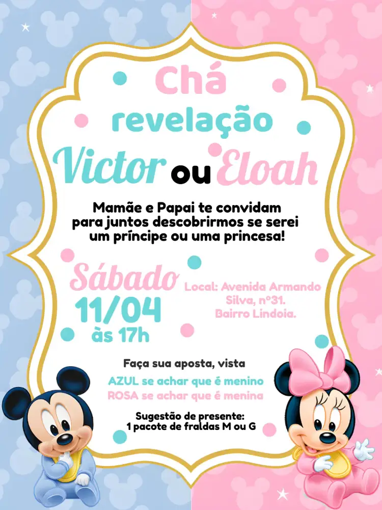 Convite Chá Revelação Minnie E Mickey Baby – tema Chá Revelação colorido, infantil, lúdico, moderno, divertido
