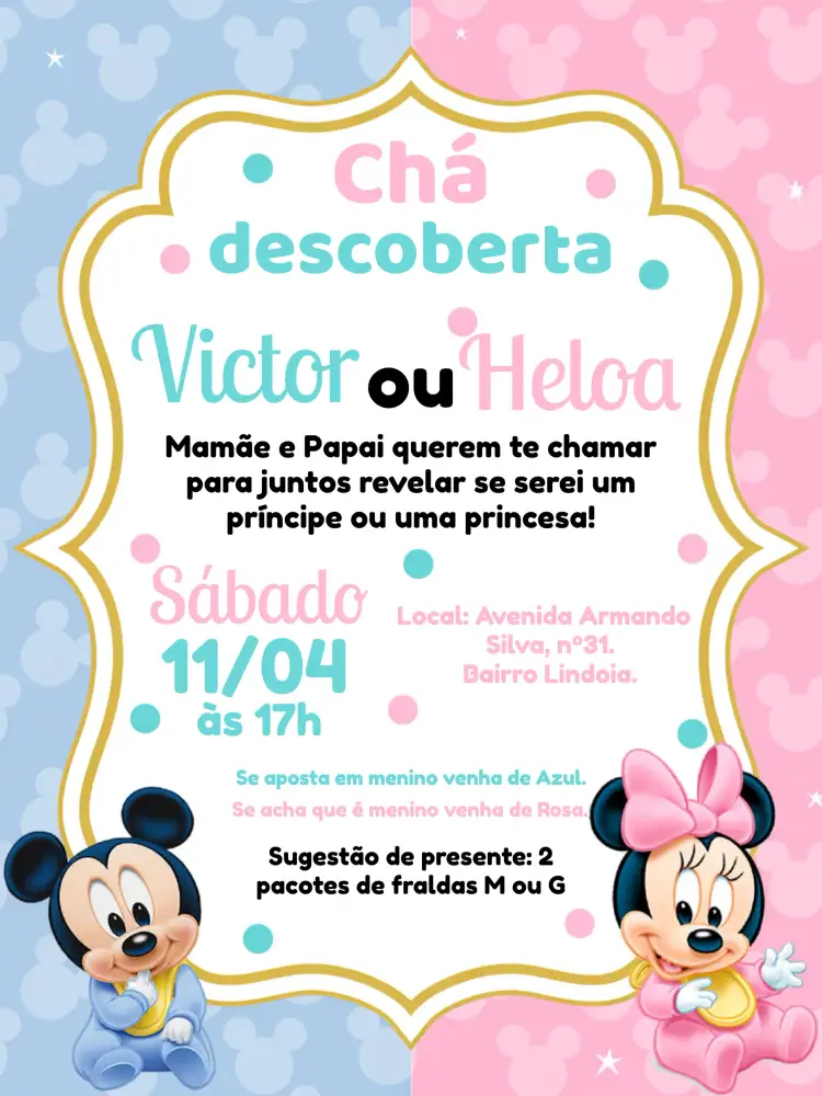 Convite Chá Revelação Minnie E Mickey Baby Menino – tema Chá Revelação colorido, infantil, lúdico, moderno, divertido