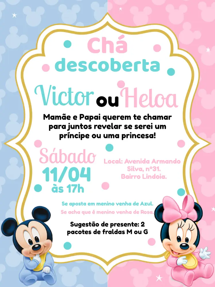 Convite Chá Revelação Minnie E Mickey Baby Menino editável e personalizável