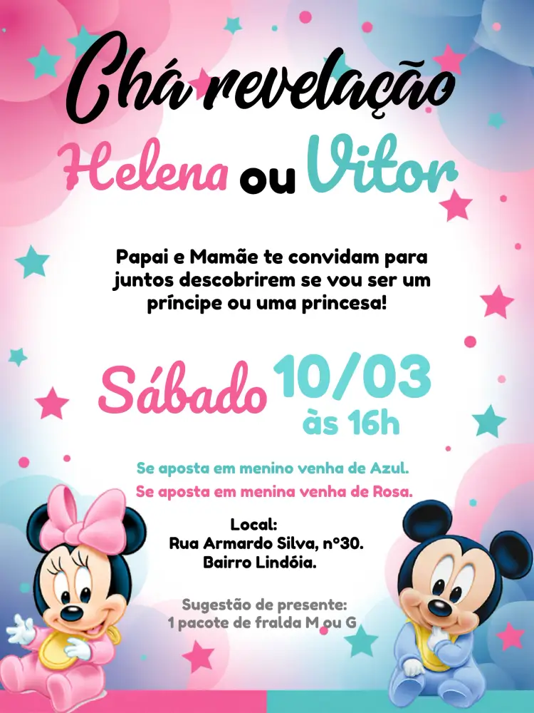 Convite Chá Revelação Minnie E Mickey Baby Menino
