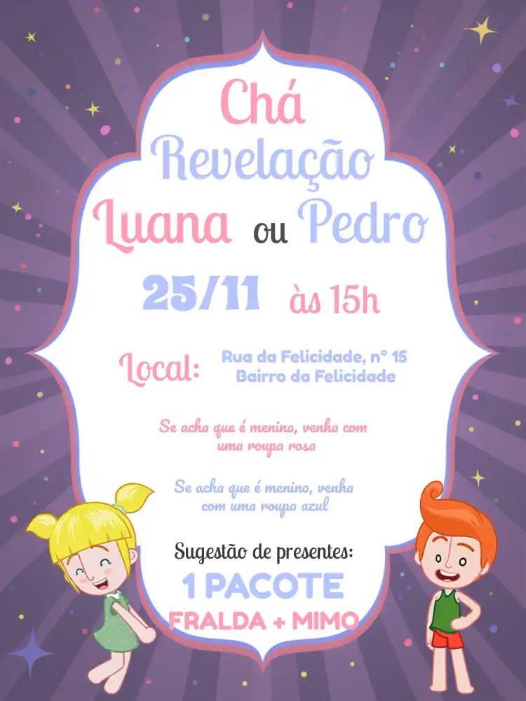 Convite Chá Revelação Mundo Bita Frame – tema Chá Revelação lúdico, colorido, infantil, divertido, moderno
