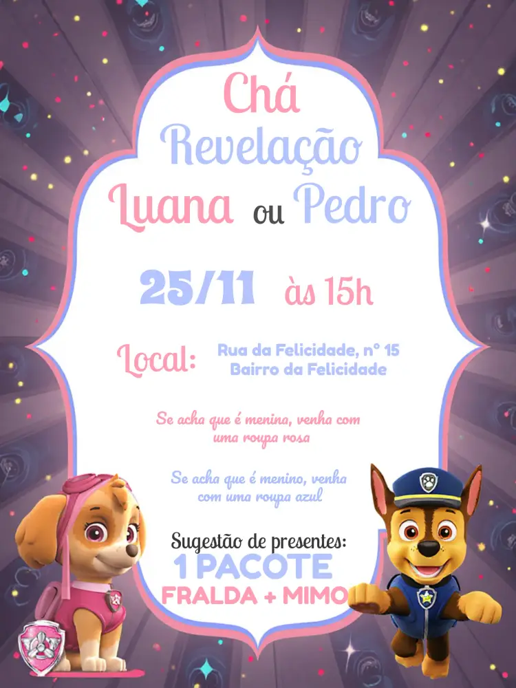 Convite Chá Revelação Patrulha Canina Branco