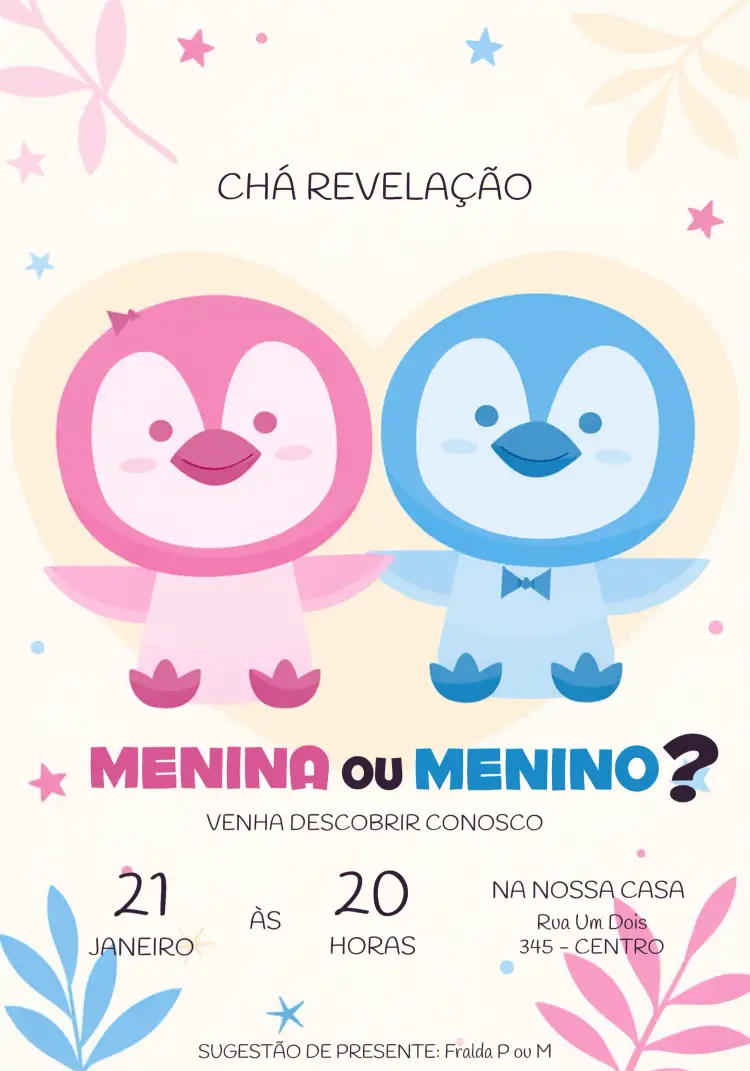Convite Chá Revelação Pinguins Rosa