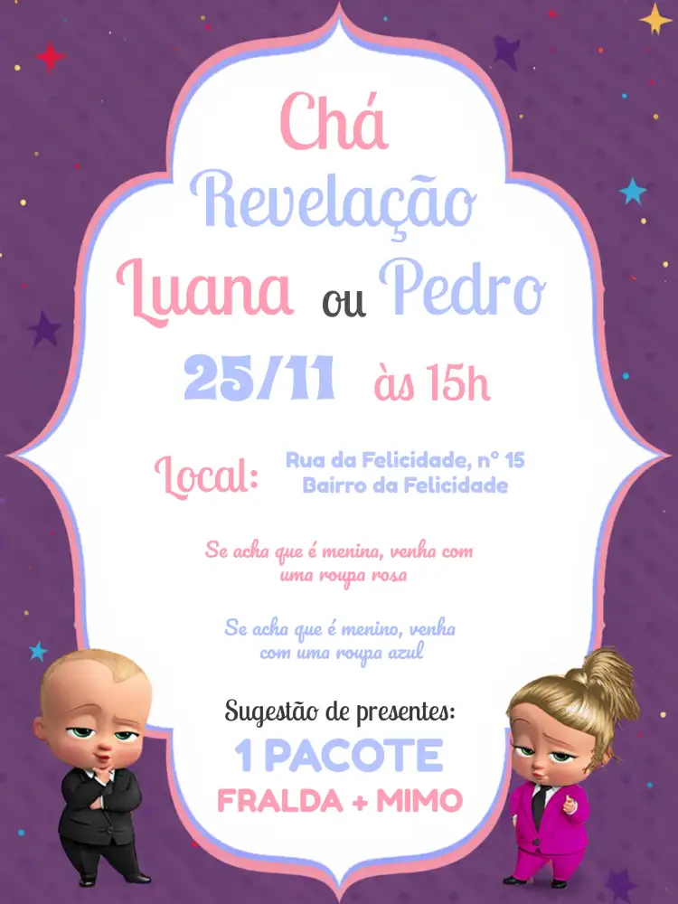 Convite Chá Revelação Poderoso Chefinho Branco – tema Chá Revelação moderno, colorido, elegante, infantil, minimalista, divertido