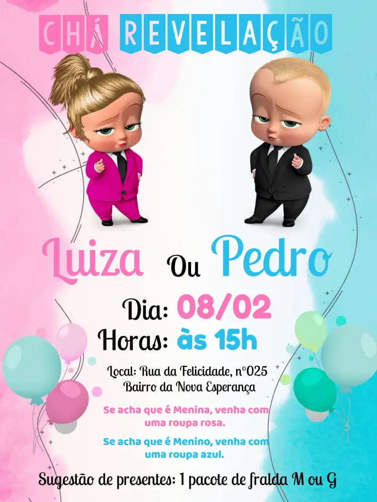 Convite Chá Revelação Poderoso Chefinho E Poderosa Chefinha Branco – tema Chá Revelação moderno, colorido, divertido, minimalista, infantil