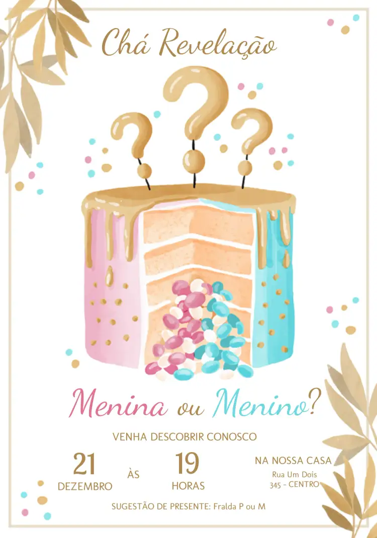 Convite Chá Revelação Princesa – tema Chá Revelação fofo, delicado, colorido, princesa, infantil, lúdico