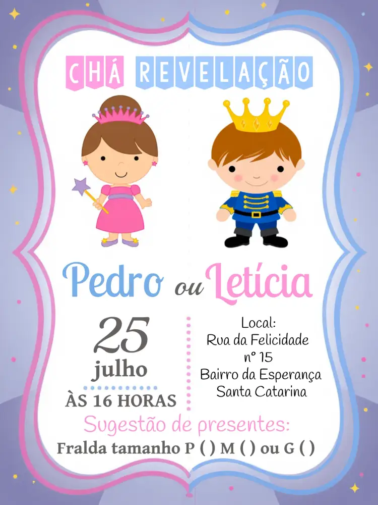 Convite Chá Revelação Realeza Branco – tema Chá Revelação realeza, branco, azul, rosa, delicado, elegante