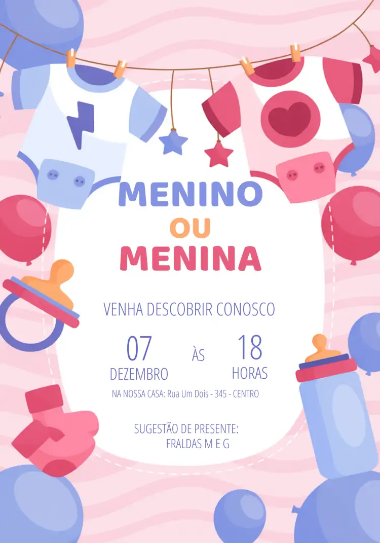 Convite Chá Revelação Rosa – tema Chá Revelação delicado, colorido, moderno, divertido, fofo, infantil