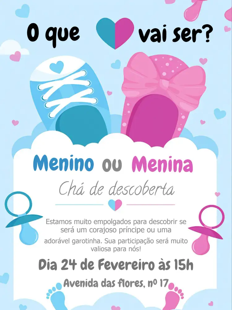 Convite Chá Revelação Rosa Azul Menino – tema Chá Revelação moderno, divertido, colorido, minimalista, celebrativo, lúdico