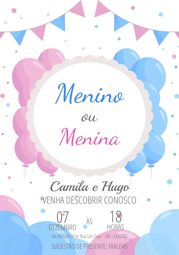 Convite Chá Revelação Rosa Azul Mimo – tema Chá Revelação rosa e azul, ursinhos, fraldas, divertido, festa de bebê