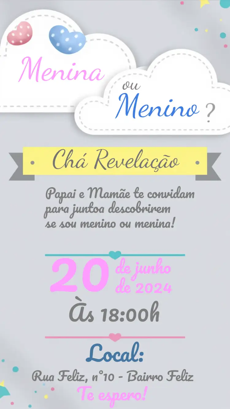 Convite Chá Revelação Rosa – tema Chá Revelação rosa, moderno, delicado, minimalista, alegre