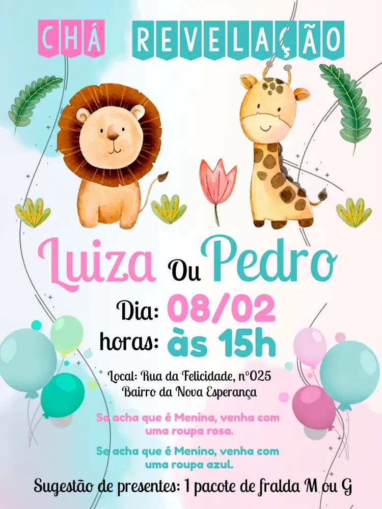 Convite Chá Revelação Safari Mimo – tema Chá Revelação safari, animais, cores pastel, divertido, moderno, alegre