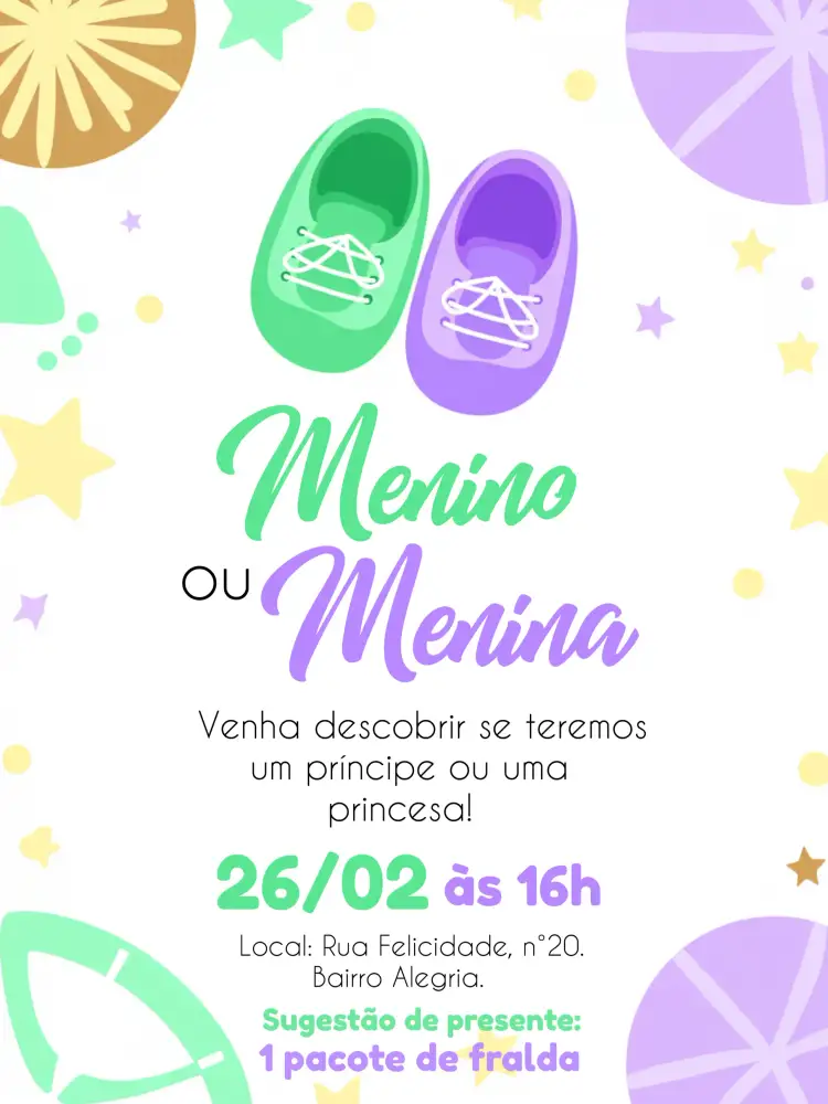 Convite Chá Revelação Sapatinhos Bebê – tema Chá Revelação cores pastel, lúdico, infantil, moderno, delicado, divertido