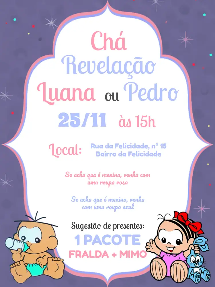 Convite Chá Revelação Turma Da Mônica Baby Rosa – tema Aniversário Infantil colorido, divertido, infantil, personagens, brincalhão