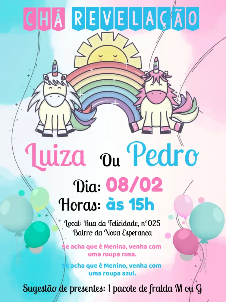 Convite Chá Revelação Unicórnio Menina