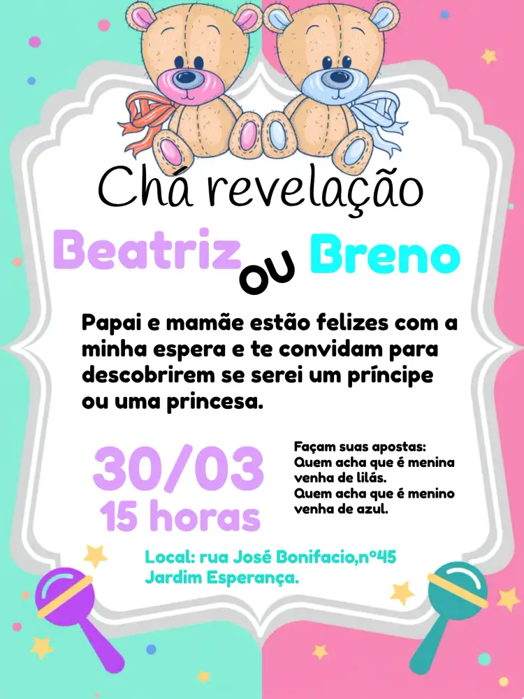 Convite Chá Revelação Ursinhas Cha – tema Chá Revelação lilás, azul, ursinhas, moderno, delicado