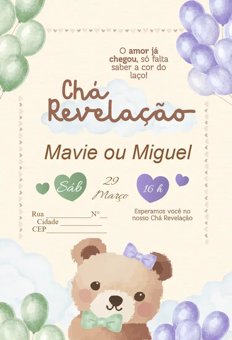 Gender Reveal Tea Party - Green & Purple Teddy Bear invitation