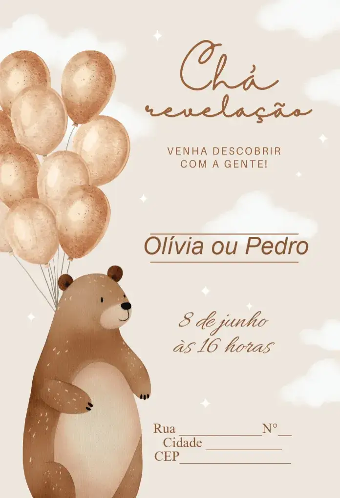 Invitación Baby Shower - Osito – tema Revelación Bebé oso de peluche, pastel, lúdico, suave, infantil