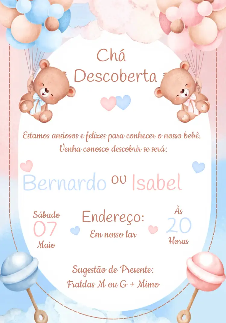 Convite Chá Revelação Ursinho Baloeiro Fofo – tema Chá Revelação fofo, delicado, aquarela, azul e rosa, infantil