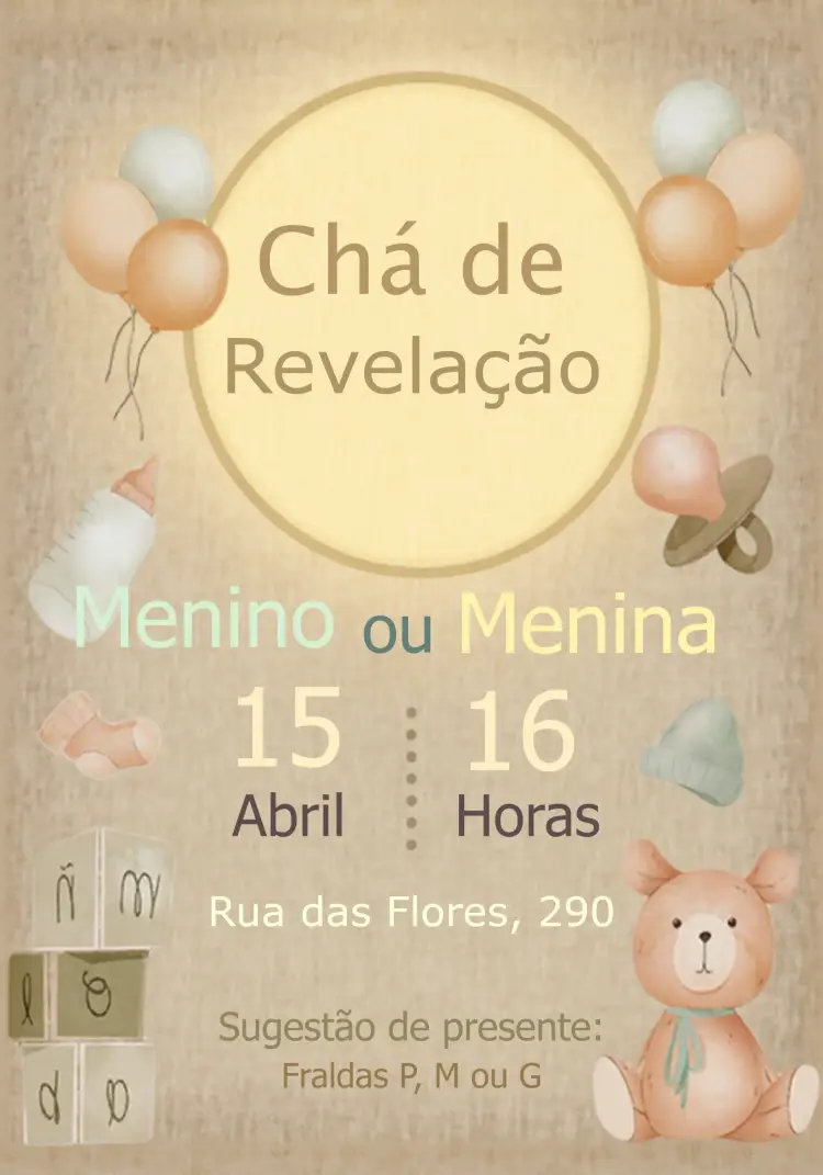 Convite Chá Revelação Ursinho Colorido