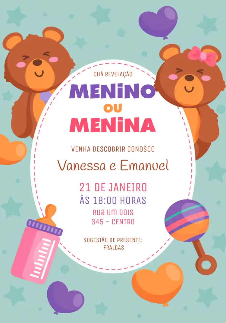Convite Chá Revelação Ursinho Mimo – tema Chá Revelação fofo, delicado, colorido, infantil, brincalhão, moderno