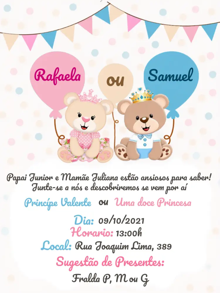 Convite Chá Revelação Ursinho Príncipe E Ursinha Princesa Azul