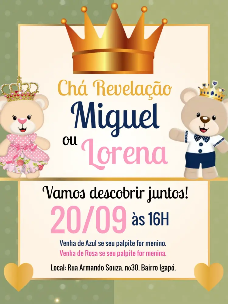 Convite Chá Revelação Ursinho Príncipe E Ursinha Princesa Azul editável e personalizável